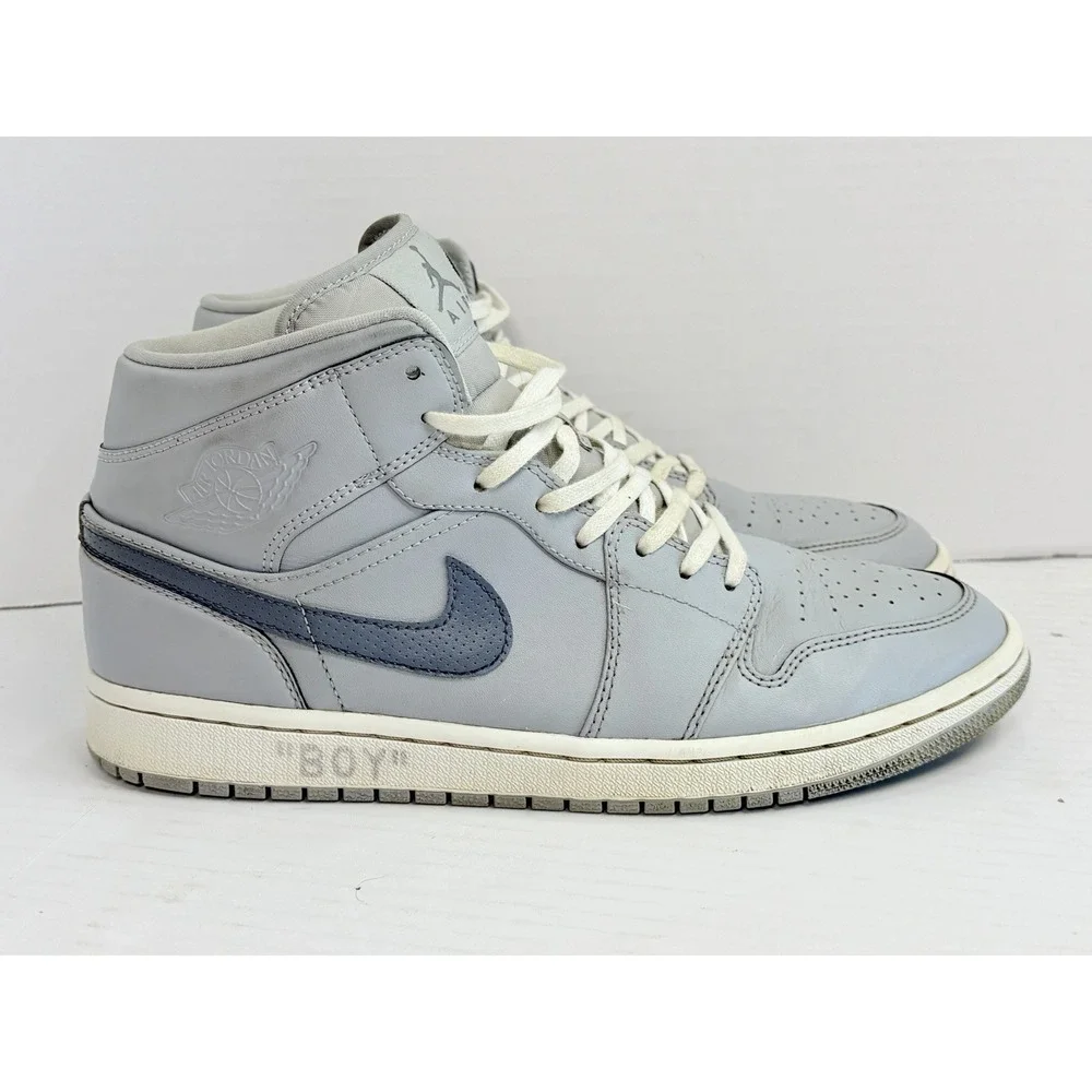 Nike Air Jordan 1 Mid Wolf Grey Armory Navy Men's 10.5 554724-033 Sneakers